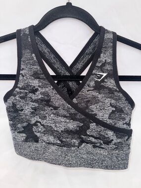 Gymshark Black & Gray Camouflage Crisscross Sports Bra